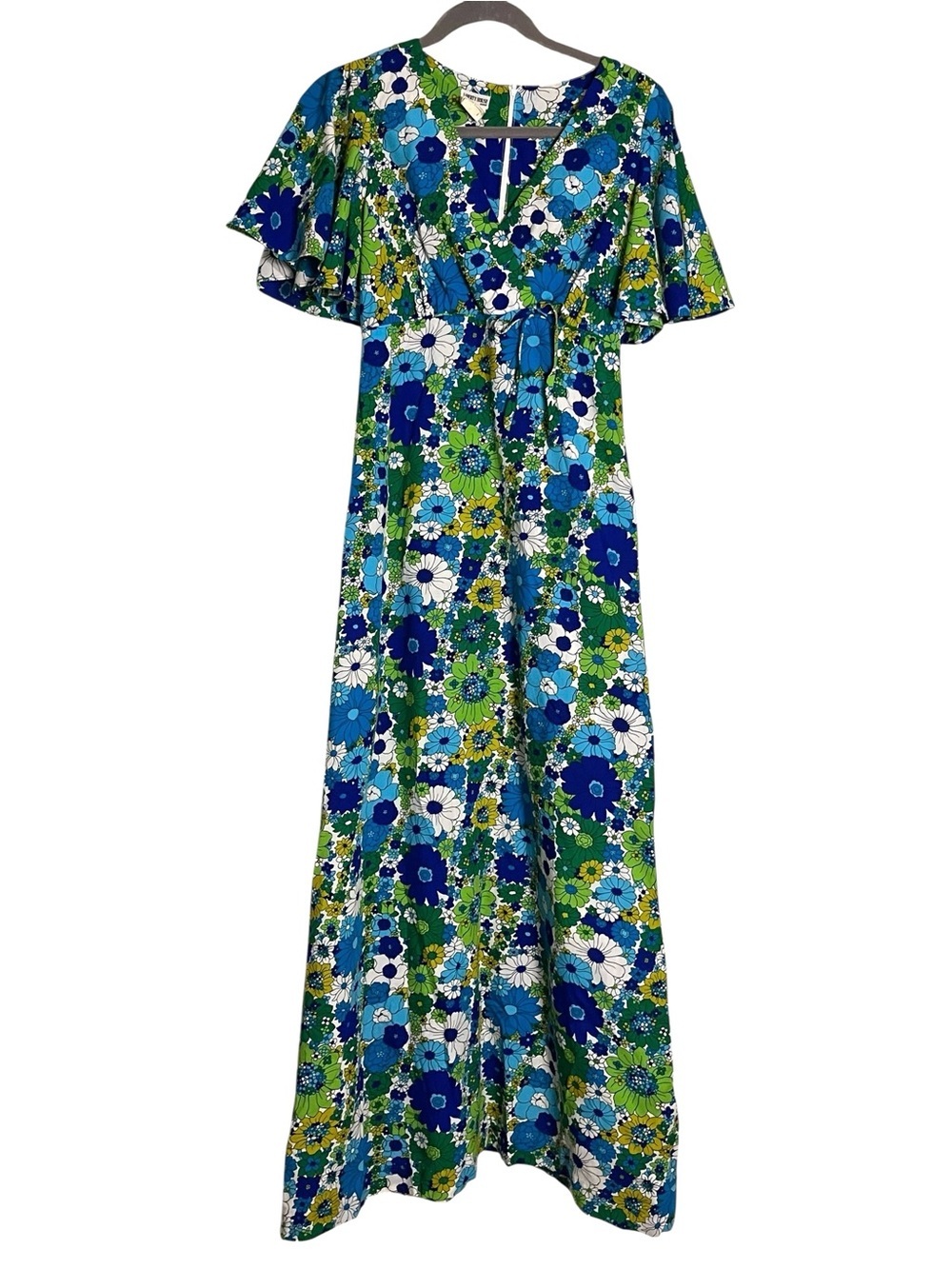 Vintage Liberty House Hawaii Floral Maxi Dress Blue Green Flutter Sleeve 10 - Picture 2 of 13